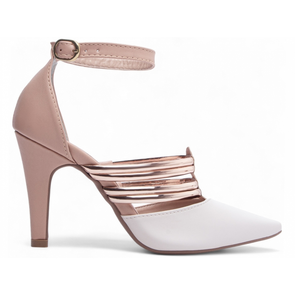 Scarpin Feminino Bico Fino Salto Alto Metalizado Tiras Fivela Bicolor Laço Social Tornozeleira