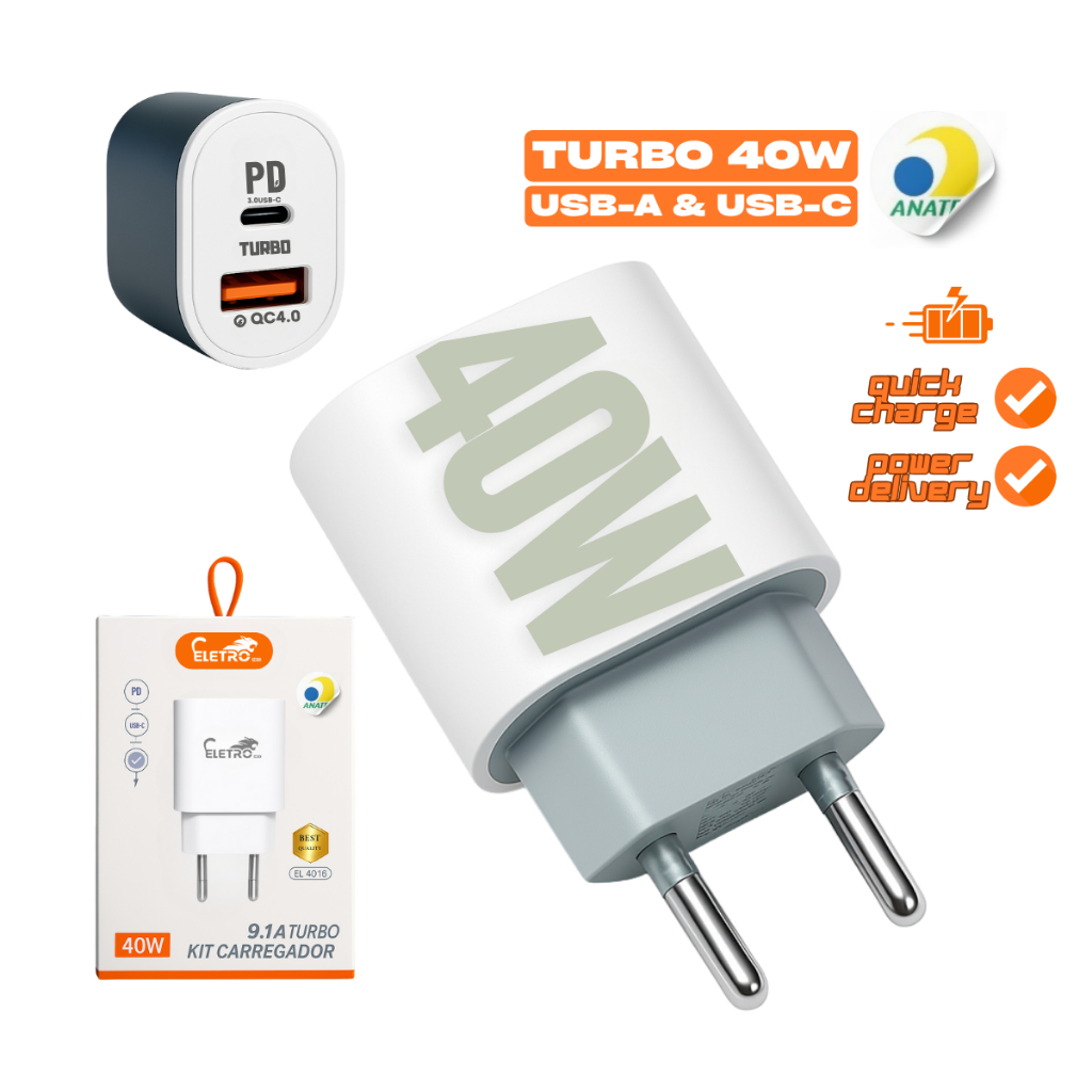 Fonte Turbo 40w Para Celular, Câmera, Tablet, Smart Watch E+