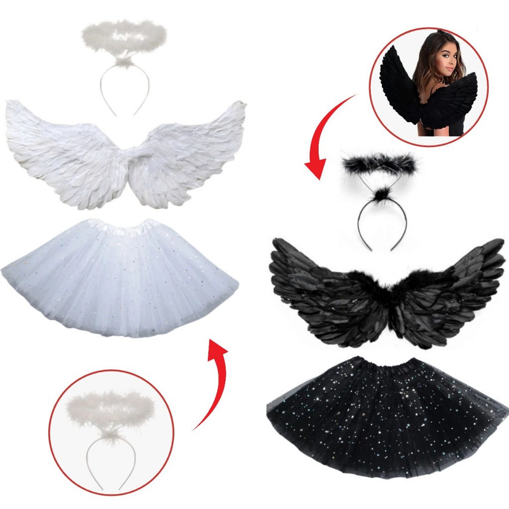 Fantasia Asa Anjo, Tiara e Saia Fantasia Halloween Carnaval Festas Cosplay