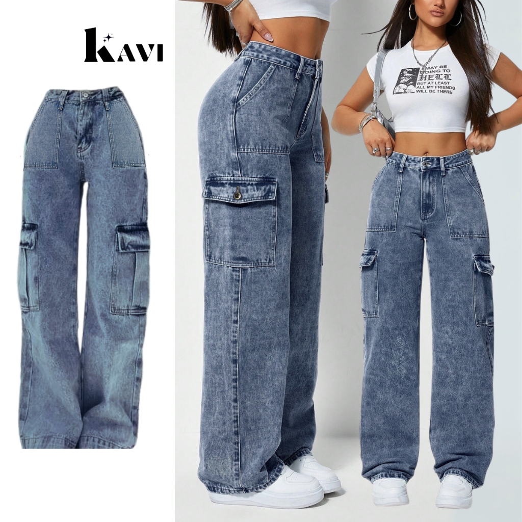 Calça Cargo Jeans Feminina Bolso Lateral Cintura Alta  Wide Leg Pantalona