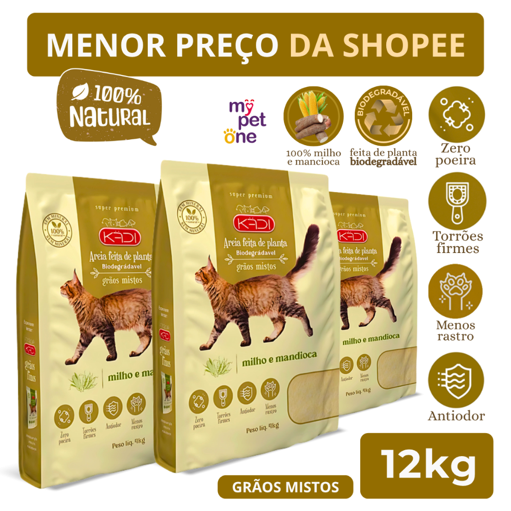 Kit 3 Areia Biodegradável 4 Kg Grãos Mistos - Kadi