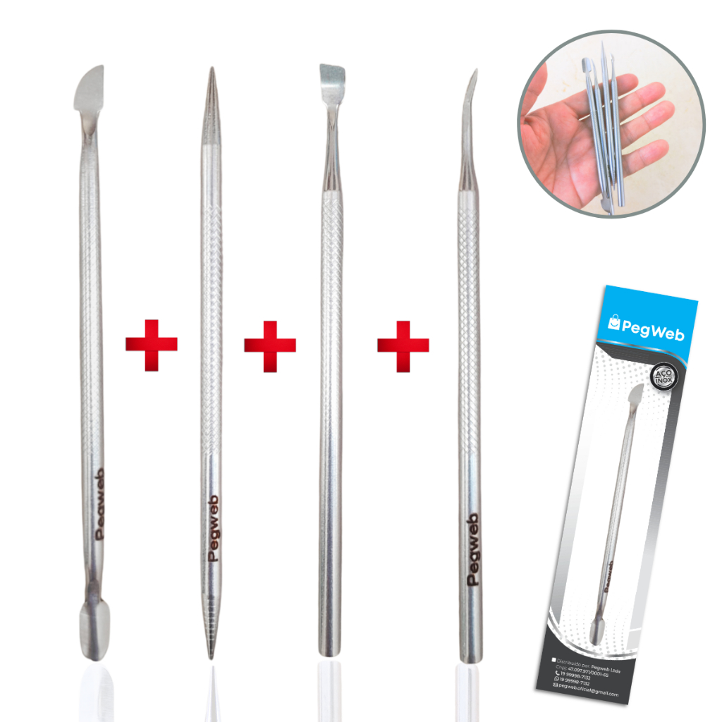 Kit Espátula + Palito + Desencravador + Raspador Manicure Unha Podologa Inox Profissional PEGWEB