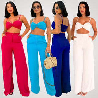 Conjunto Top Cropped de Alça sem Bojo e Calça Pantalona em Duna Helena Marca LUNII em Oferta na Shopee