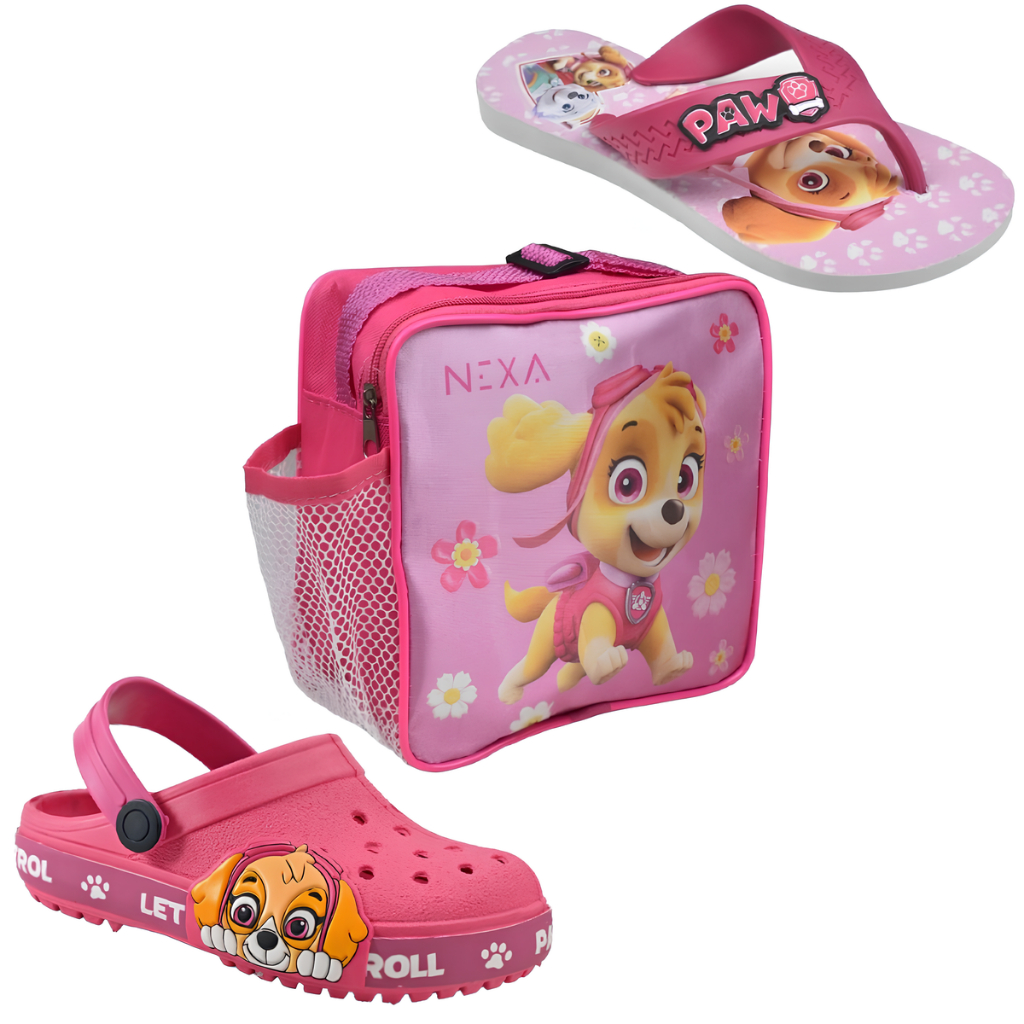 Kit 3 Em 1 Chinelo Infantil + Sandália Babuche Infantil Menina Com Lancheira Patrulha Canina