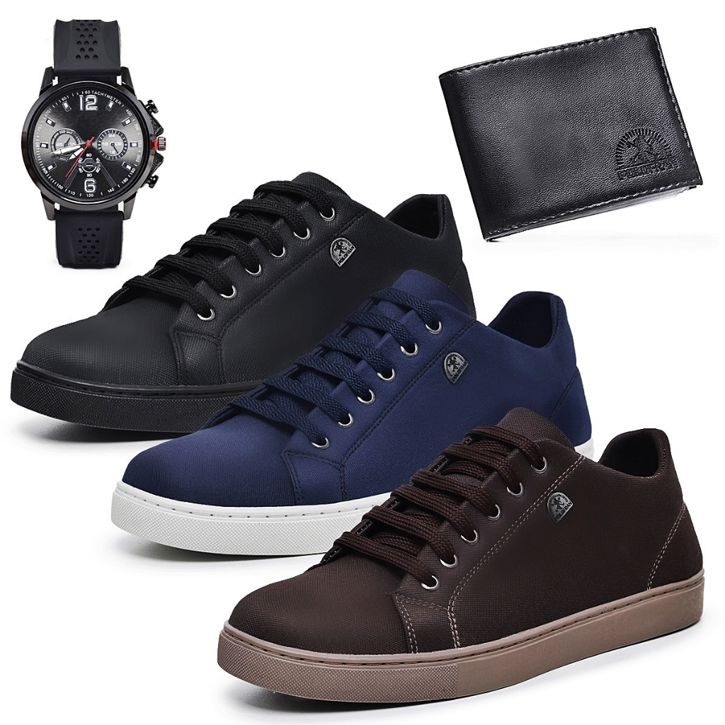 Kit 3 Pares Tênis Polo Fran Sapato Masculino Sapatênis Confortavel Relógio + Carteira em Oferta na Shopee