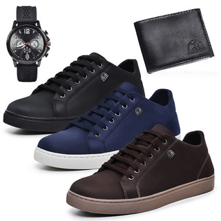Kit 3 Pares Tênis Polo Fran Sapato Masculino Sapatênis Confortavel Relógio + Carteira