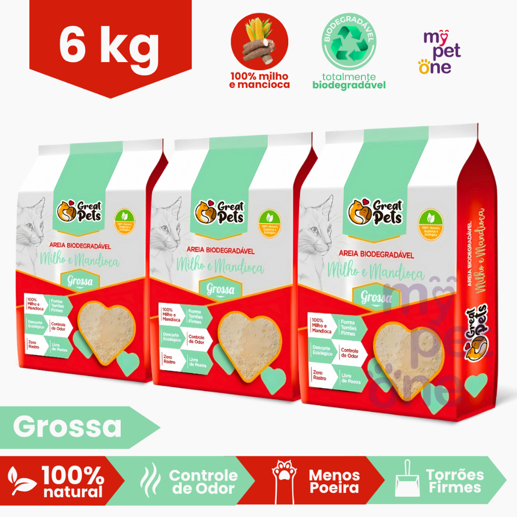 Kit 3 Areia Biodegradável Grossa 2 KG para Gatos - Great Pets em Oferta na Shopee