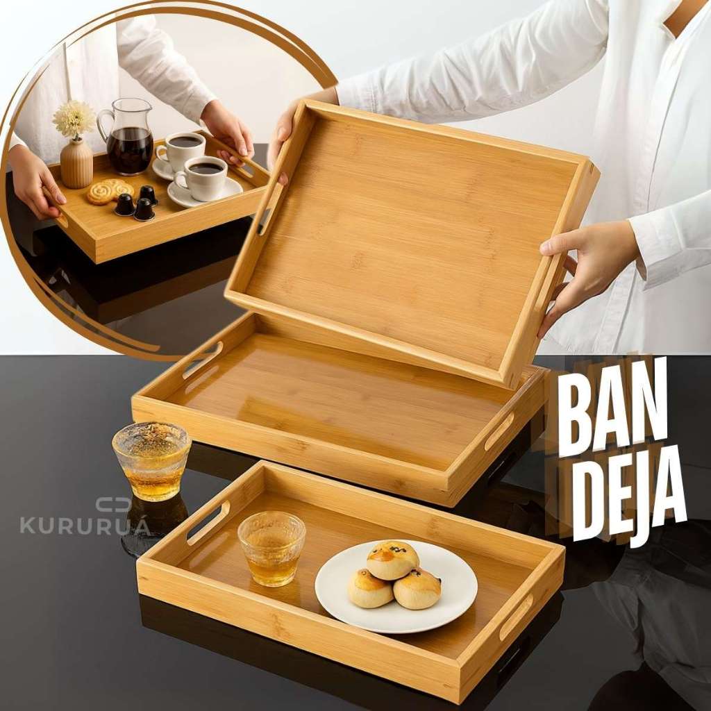 Bandeja Retangular De Bambu 40 x 30cm Alça Reta Decorativo Servir Café Da Manhã