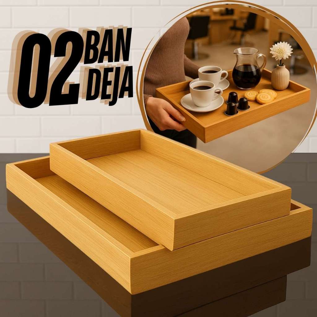 Kit 2 Bandeja De Bambu Para Cozinha Conjunto Retangular