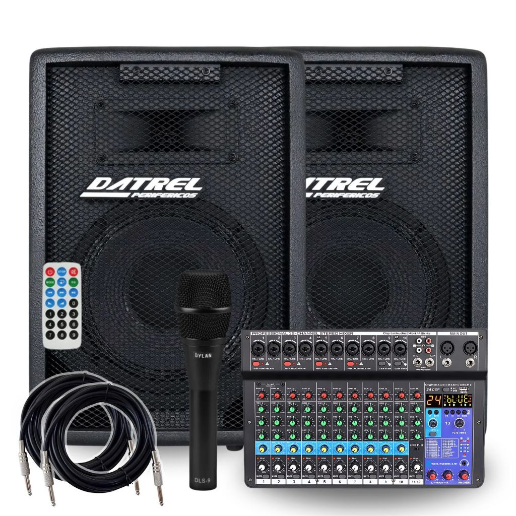 Kit 2 Caixa Som 300w Rms Amplificada Ativa Passiva Profissional Acustica + Mesa 12 Canais Bluetooth + Microfone Fio