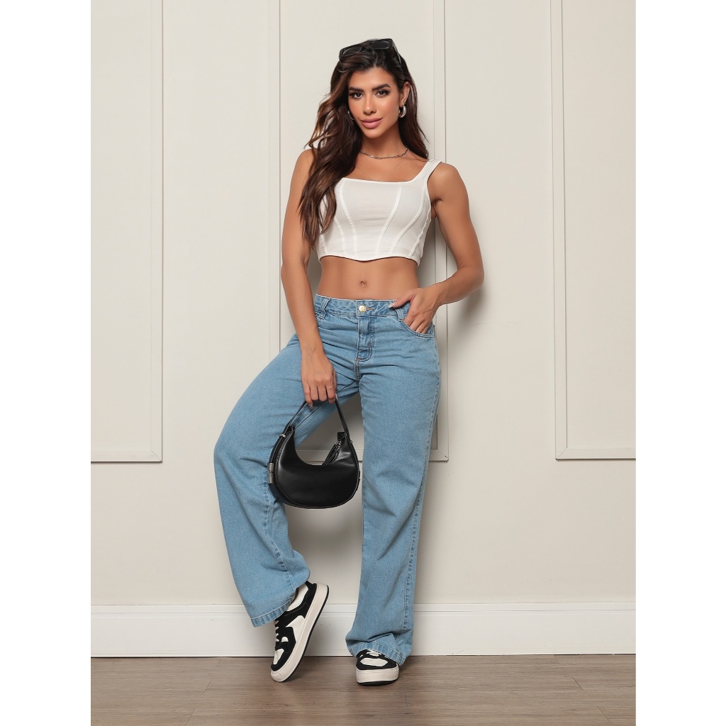 CALÇA WIDE LEG FEMININA CÓS BAIXO MODA JEANS BLOGUEIRA