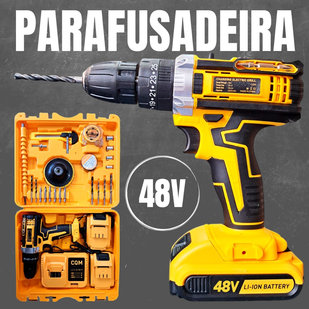 Furadeira Parafusadeira 48V Impacto Sem Fio Portátil 2 Baterias Acessórios Completos Mais Forte