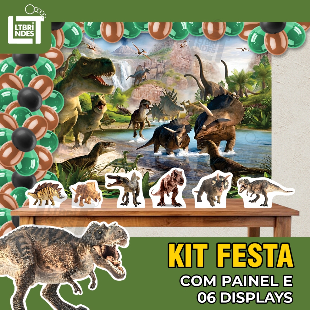 Painel Banner + 06 Displays Infantil Dinossauros Decoração Festa Infantil com Fita de Bexiga
