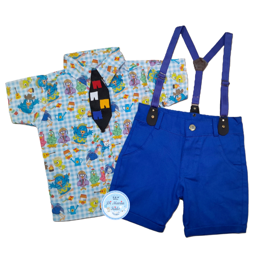 Conjunto Temático Galinha Pintadinha Junina Camisa Short Suspensório Roupa BB menino festa infantil