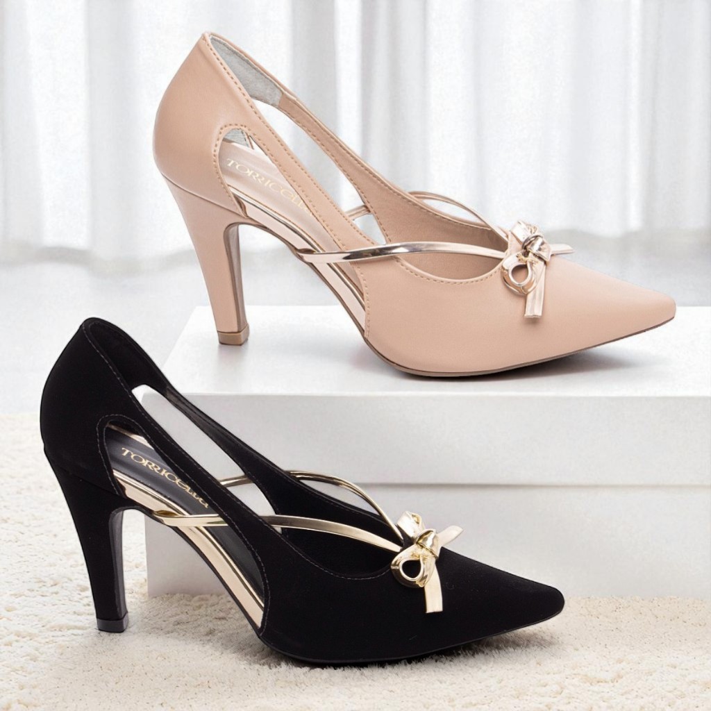 Scarpin Luxo Feminino Salto Alto Fino 9cm Laço Metalizado Elegante Social Festa Sapato Torricella