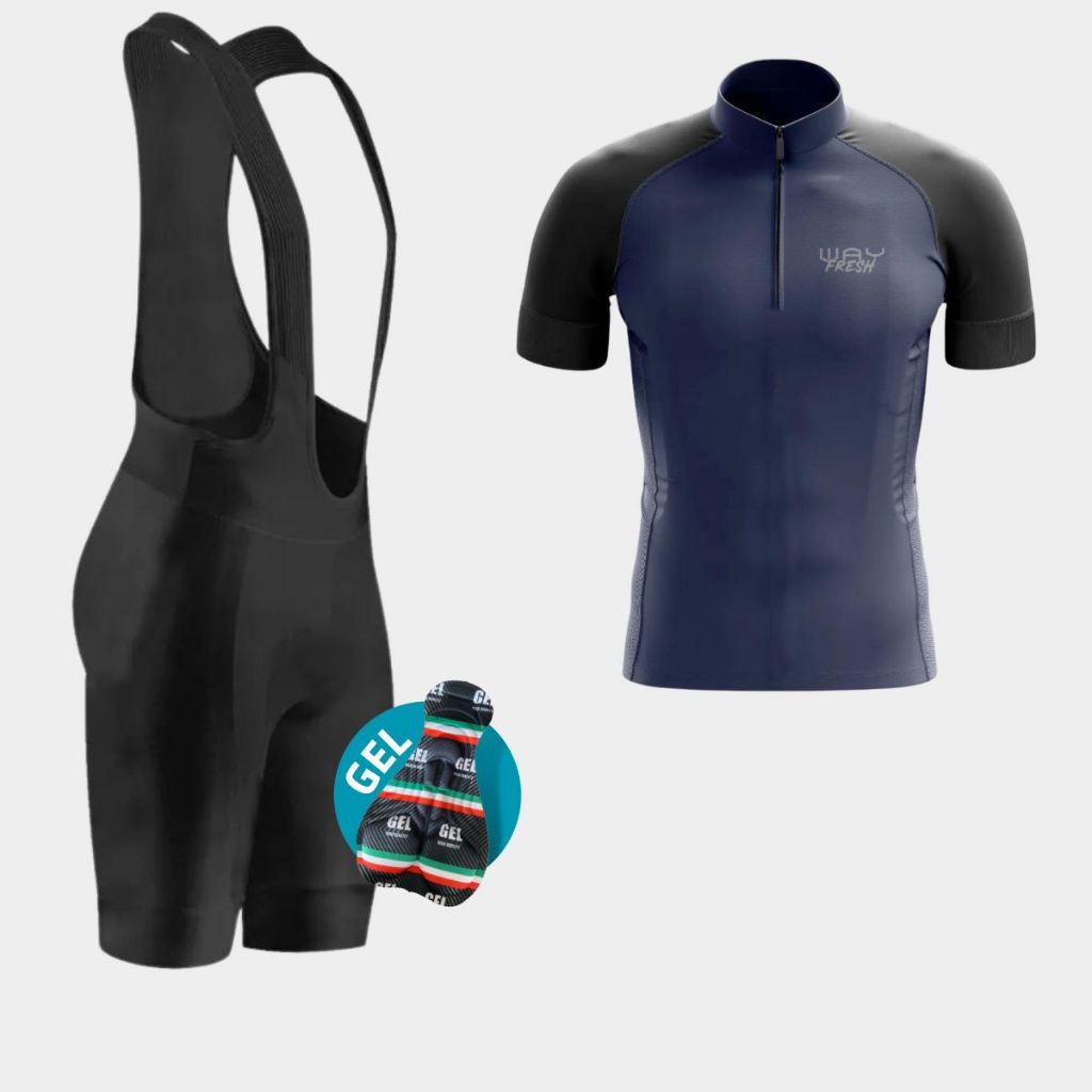 Conjunto Ciclismo Masculino Kit Camisa Lisa Pro Uv Bretelle Acolchoado Gel Bike Speed