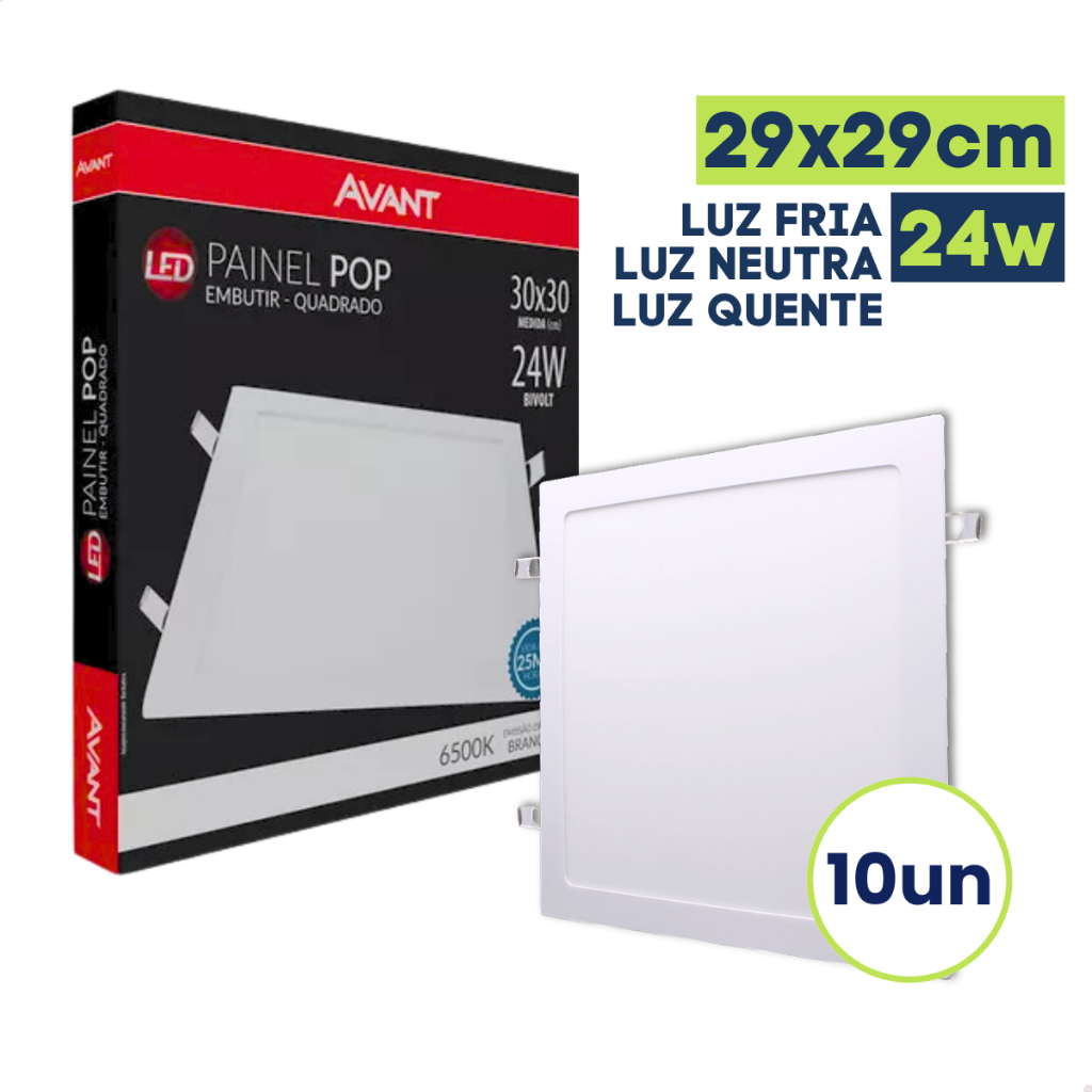Kit 10 Painel Plafon LED 24W Embutir Quadrado Bivolt 6500K 4000K 3000K Avant Solara em Oferta na Shopee