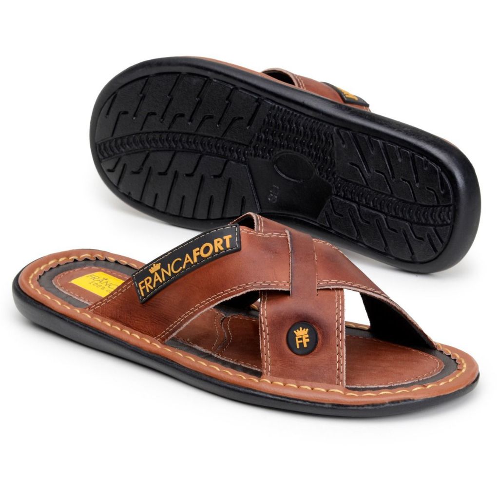 Chinelo Masculino Em Couro Legítimo Franciscana Com Tiras Cruzadas Casual Conforto E Durabilidade Leve