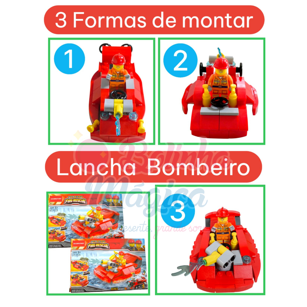 Bloco De Montar Lancha Barco de Bombeiro 87 Peças Brinquedo Educativo Estimula Criatividade Infantil em Oferta na Shopee