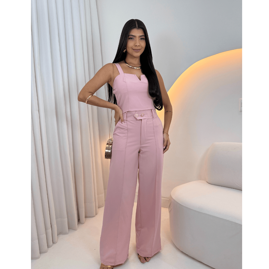 Conjunto Feminino Alfaiataria Elegante - Calça Pantalona e Blusa com Decote Diferenciado em Oferta na Shopee