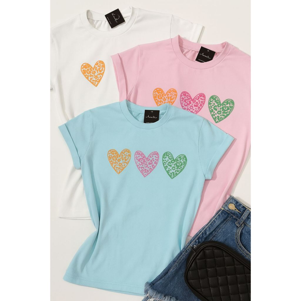 Kit 3 Blusas Tshirt Feminina Tecido Confortável Camiseta100% Algodão Estampada 3 Coração Colorido Tendência