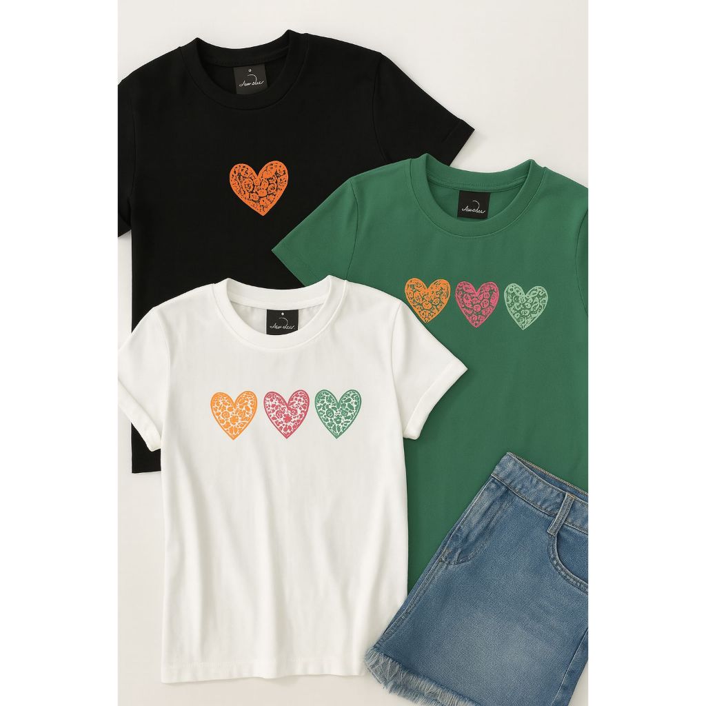 Kit 3 Blusas Tshirt Feminina Camiseta100% Algodão Estampada 3 Coração blusinha Elegante