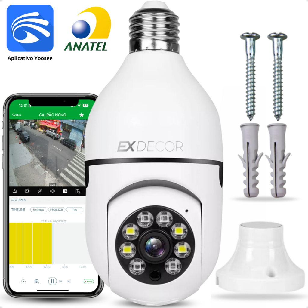 Câmera De Segurança Lâmpada Ip Wifi C/ Visão Noturna Interna Externa App Yoosee Espiã 360º  Ex Decor
