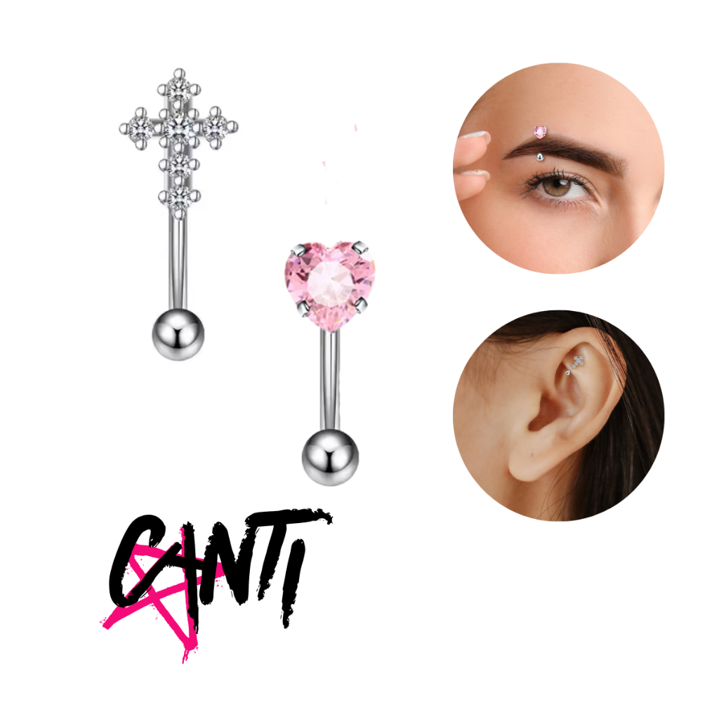 Piercing Sombrancelha Aço inoxidável Cruz e Coração Brilhante Rosa Delicado Romântico 1.2mm x 8mm
