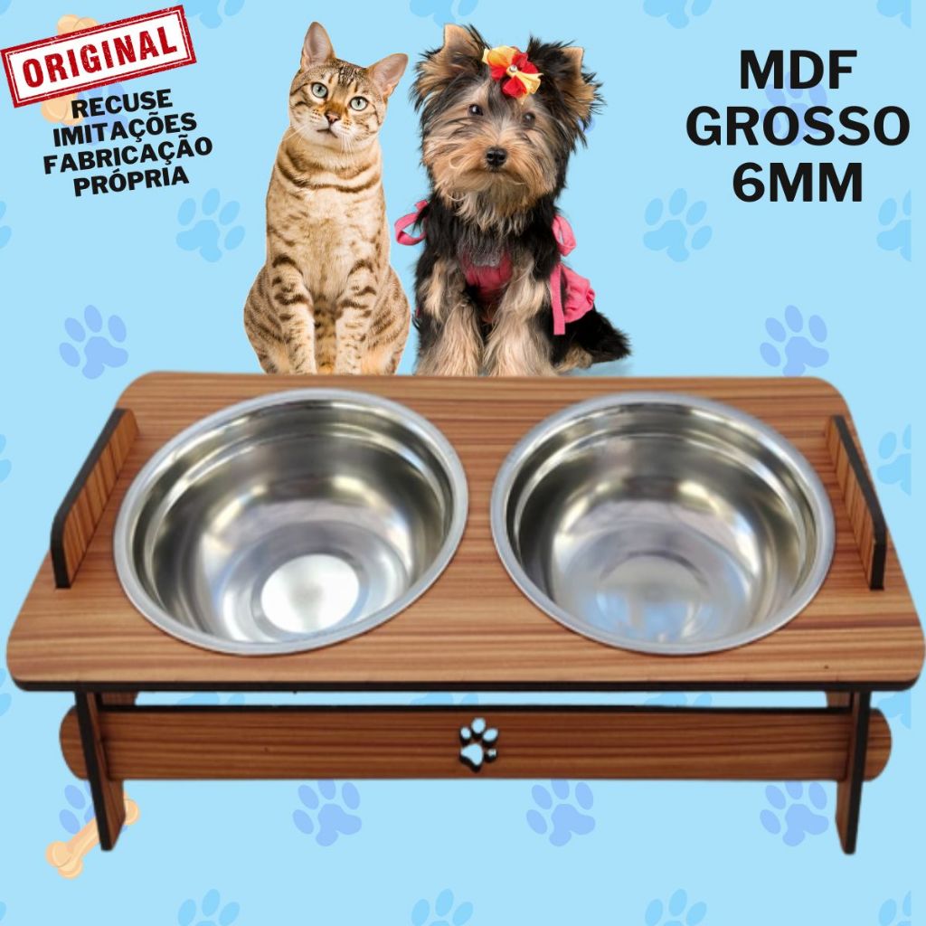 Comedouro Com TAMPAS  Cão e Gato Elevado + Tigelas em Inox