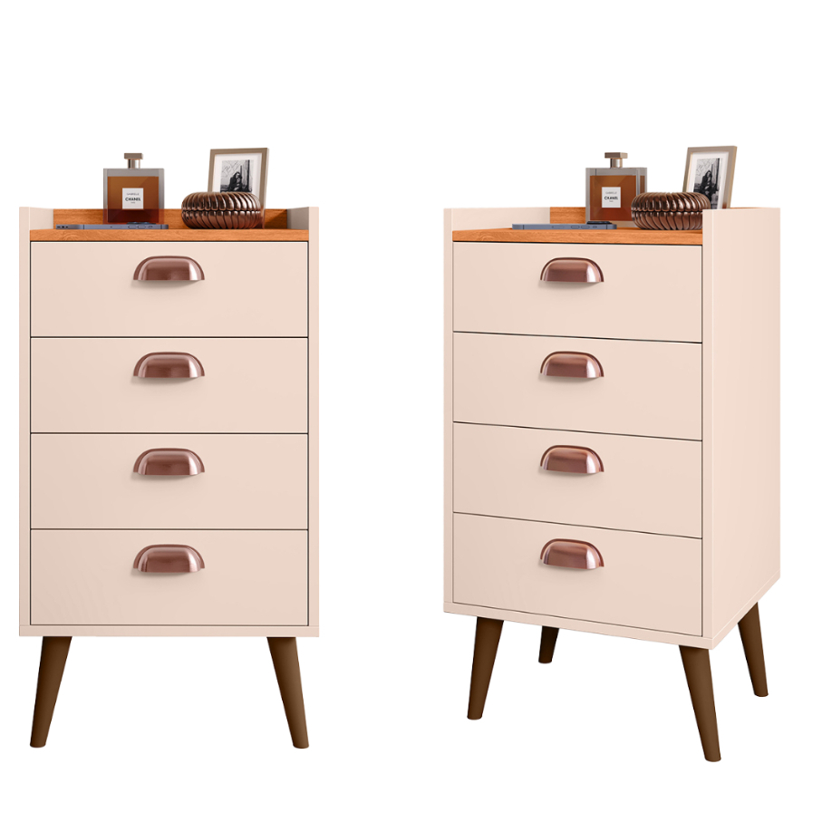 Kit com 2 Mesas de Cabeceiras Mini Comôdas com 4 Gavetas e Puxadores Concha Pés Retrô Pvc