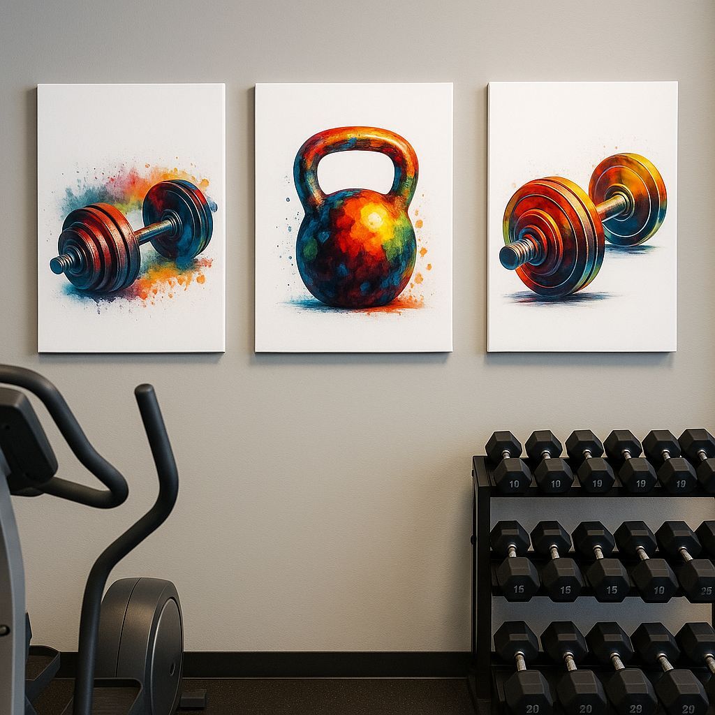 Quadro Decorativo Academia Musculação Crossfit Haltere Kettlebell Kit 3 Peças MDF