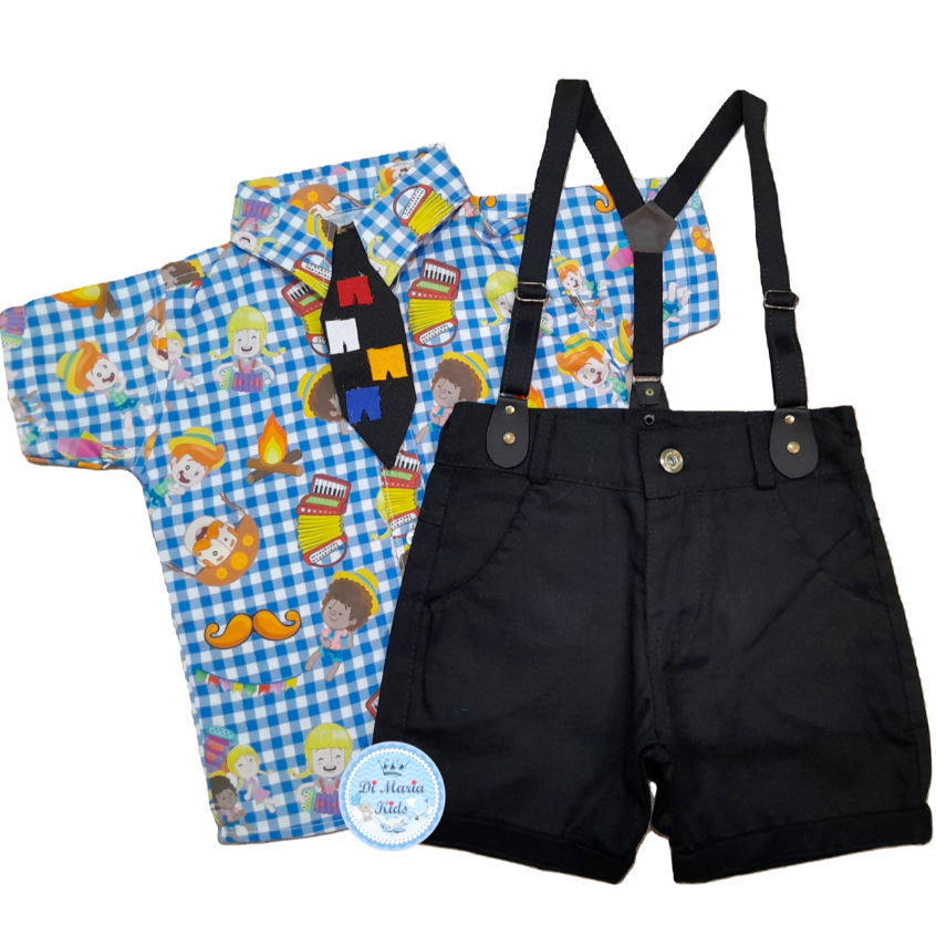 Conjunto Temático Mundo Bita Junina Camisa Short Suspensório Gravata Roupa bb menino festa infantil