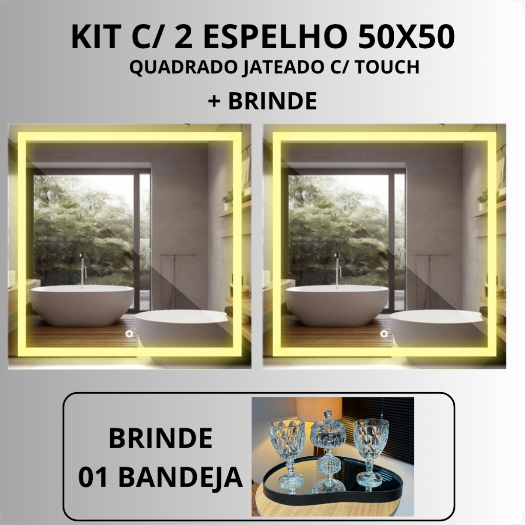 Kit 2 Espelho Quadrado Jateado 50x50 Com Luz de LED 3 cores sensor Touch Screen Bivolt de Luxo Decorativo + bandeja