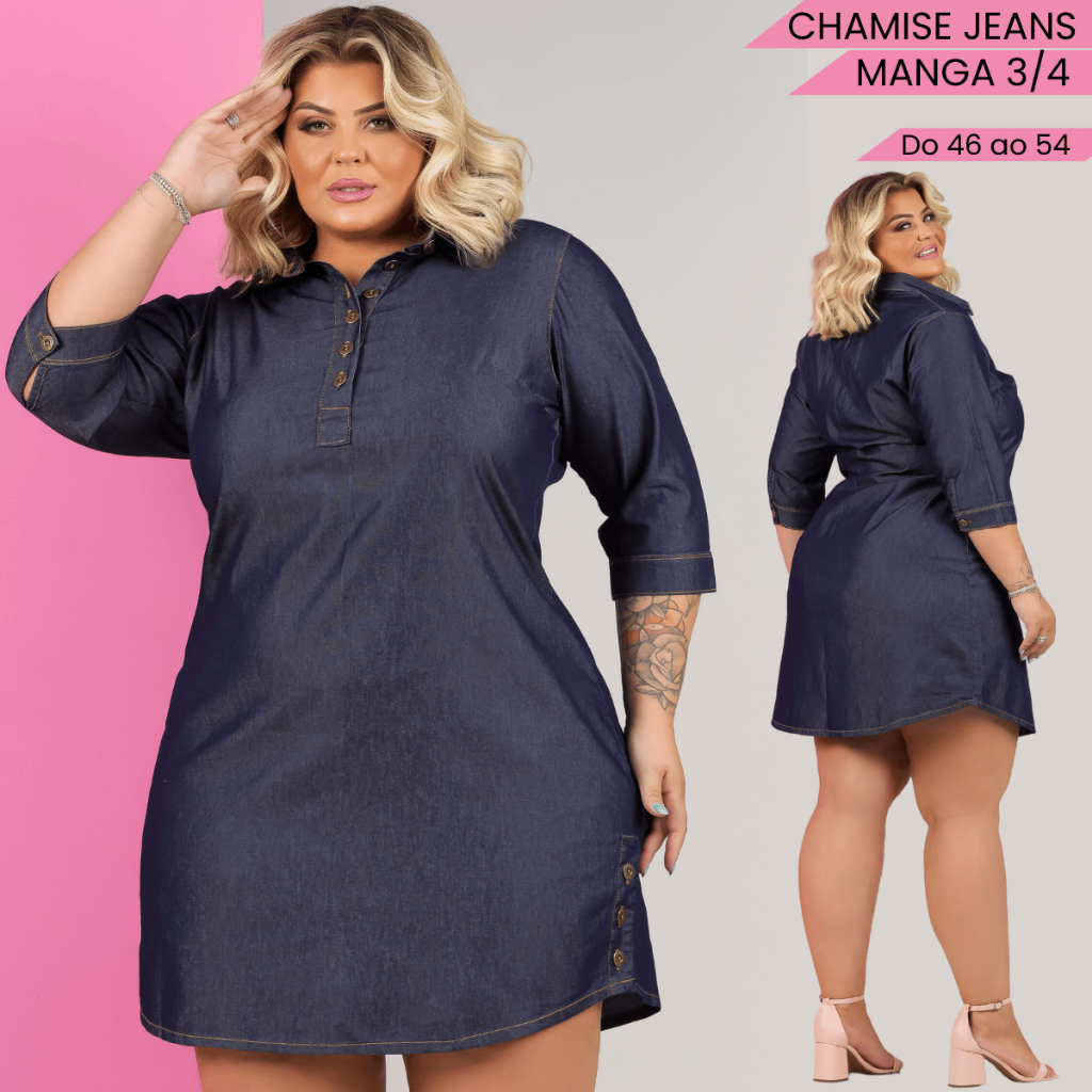 Chemise Plus Size Jeans Feminina Vestido Chamise Camisetão Moda Maior Evangélica Senhora