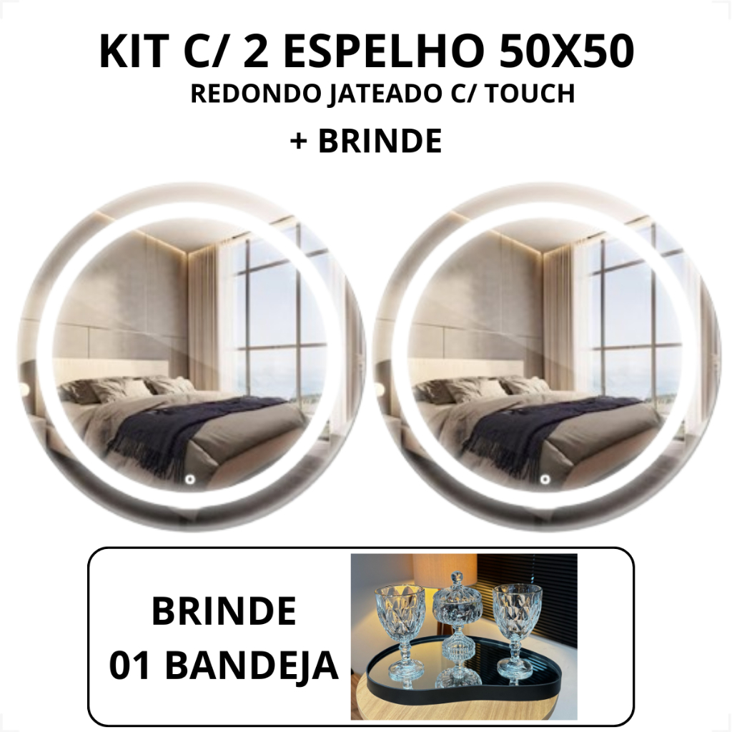 Kit 2 Espelho Redondo Jateado 50x50 Com Luz de LED 3 cores sensor Touch Screen Bivolt de Luxo Decorativo + Bandeja