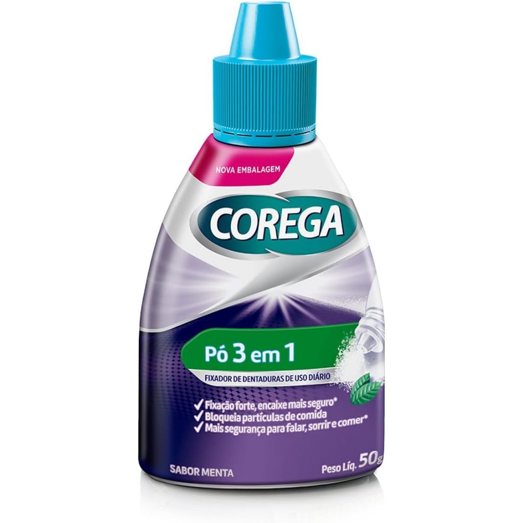 Corega Pó Fixador de Dentaduras de Uso Diário 3 em 1 Sabor Menta 50g em Oferta na Shopee