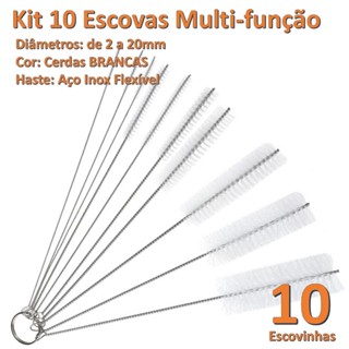 Kit 10 Escovas Limpeza Haste Aço Inoxidavel e Cerdas Brancas em Nylon cilindrico 20cm em Oferta na Shopee