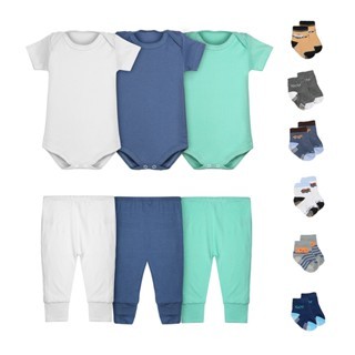 Kit 12 Peças Body Bebê Menino Manga Curta Calça Mijão e Meias Premium