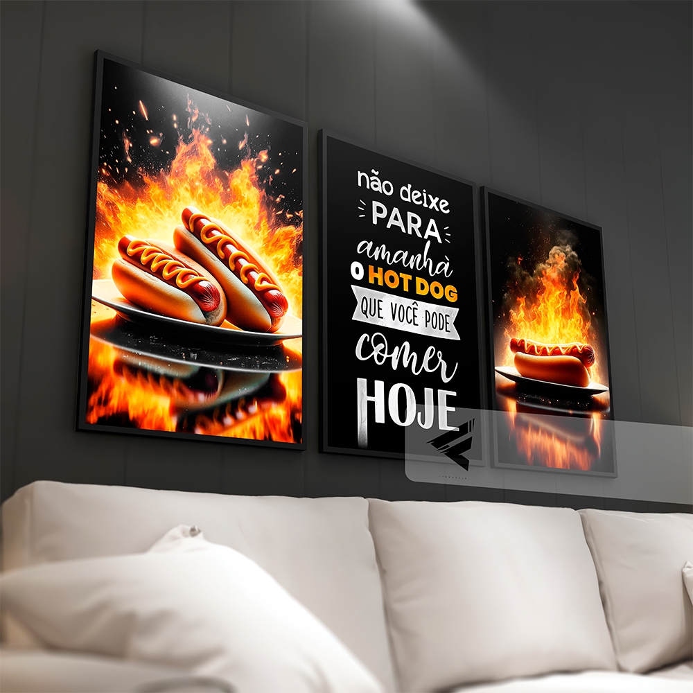 Kit 03 Quadros Decorativos HOT DOG para Lanchonete, c/ frase personalizada!