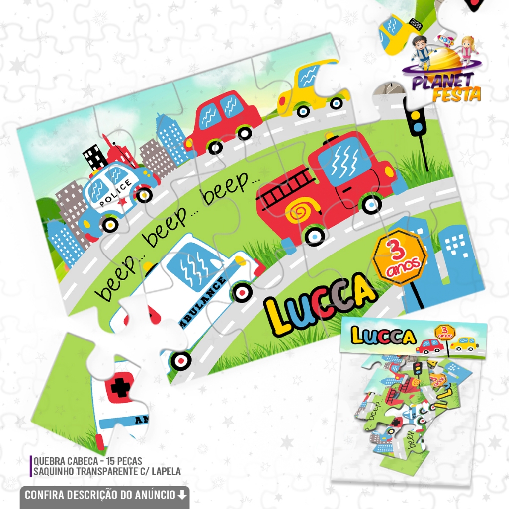 Quebra-Cabeça Personalizado Carrinhos Meios de Transporte | Lembrancinha de Aniversário 15 Peças