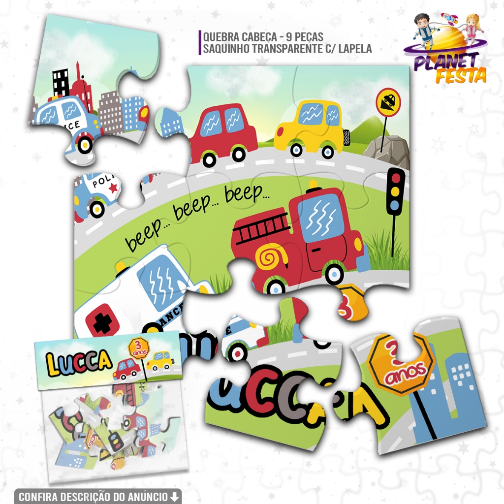 Quebra-Cabeça Personalizado Carrinhos Meios de Transporte | Lembrancinha de Aniversário 9 Peças