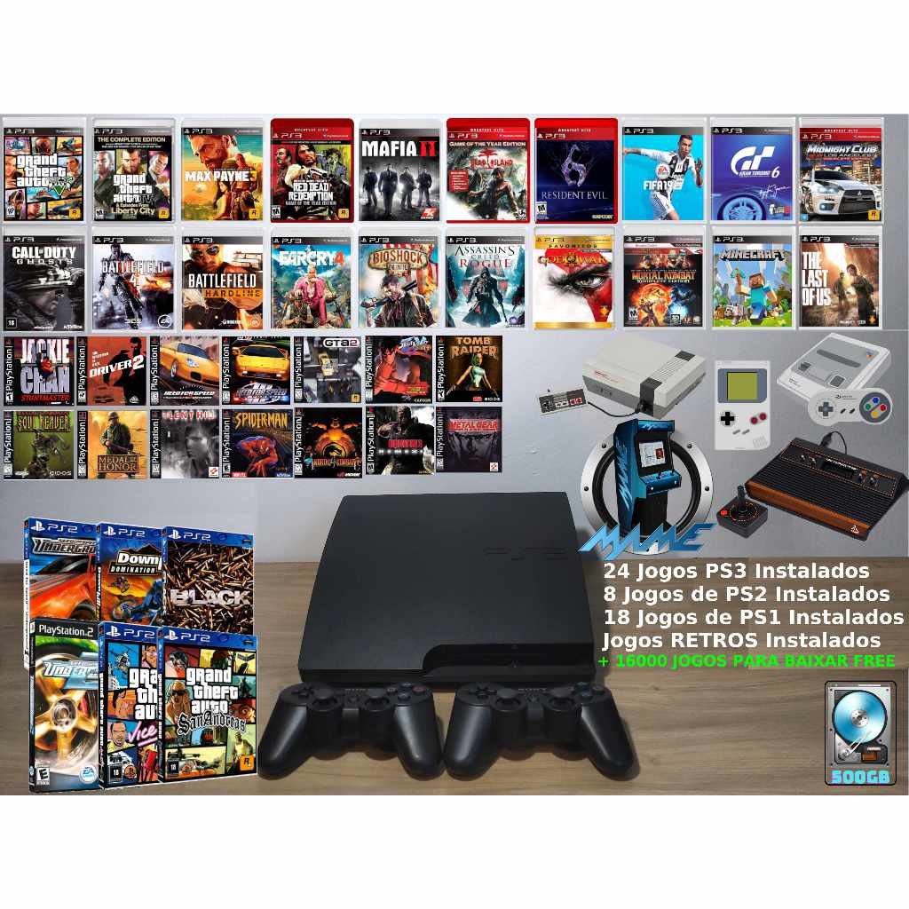 Ps3 Playstation 3 Slim / Super Slim + 2 Controles novos + 16000 jogos + jogos ps1 e ps2 + Retrogames