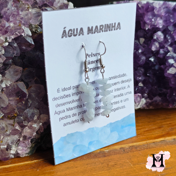 Brinco Água Marinha  Pedra Natural Anzol Cascalho