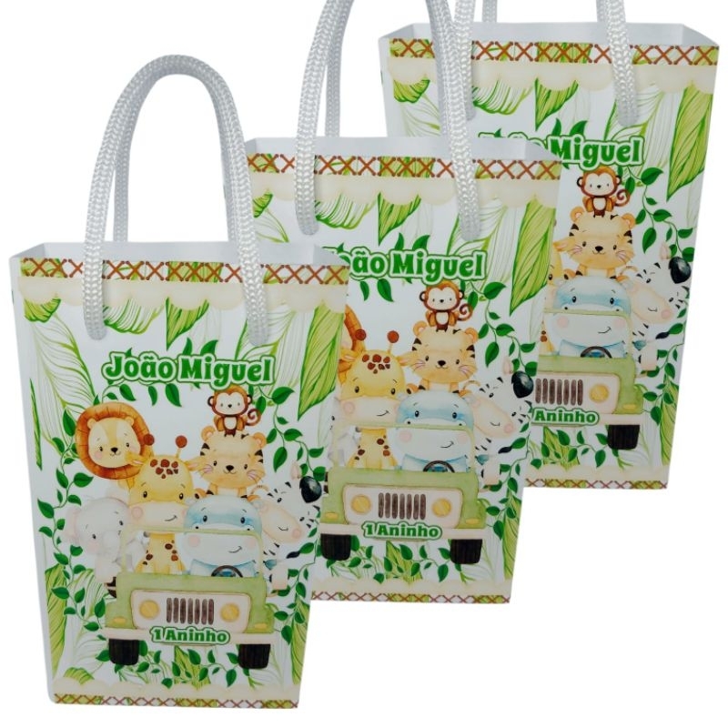 Sacolinha Personalizada Safari Verde para lembrancinha festa de aniversário/ Papel Fotográfico
