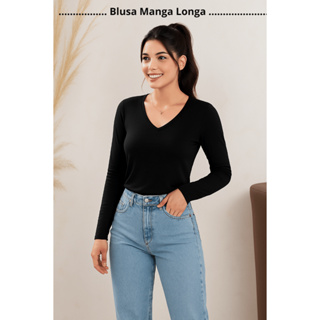 Blusa Manga Longa Feminina Gola V de Viscolycra Básica T Shirt Lisa Blusinha Soltinha Básica Casual em Oferta na Shopee