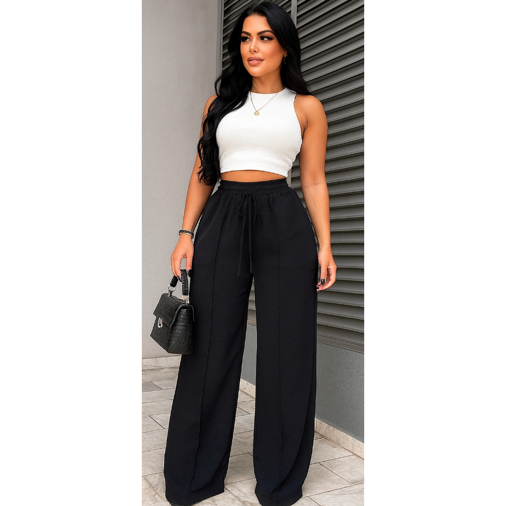 Calça Feminina Pantalona Wide Leg Duna com Bolso Cintura Alta Tendência