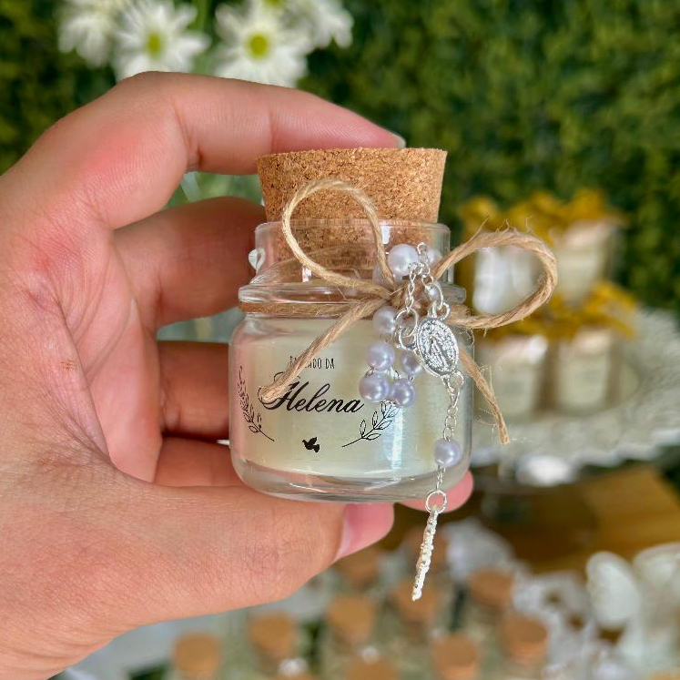 Kit Velas Aromáticas Personalizadas com Mini Terço - Lembrancinha Batizado ou Primeira Comunhão em Oferta na Shopee