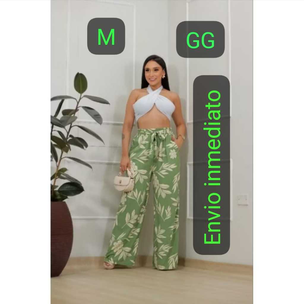 Calça pantalona estampada tecido Duna com cintura alta e bolso tamanho M e GG