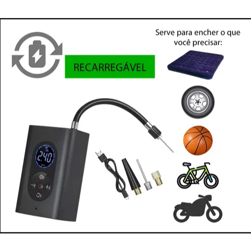 Inflador de Pneus Portátil 150 PSI com manômetro Luz LED 4000mAh USB Recarregável