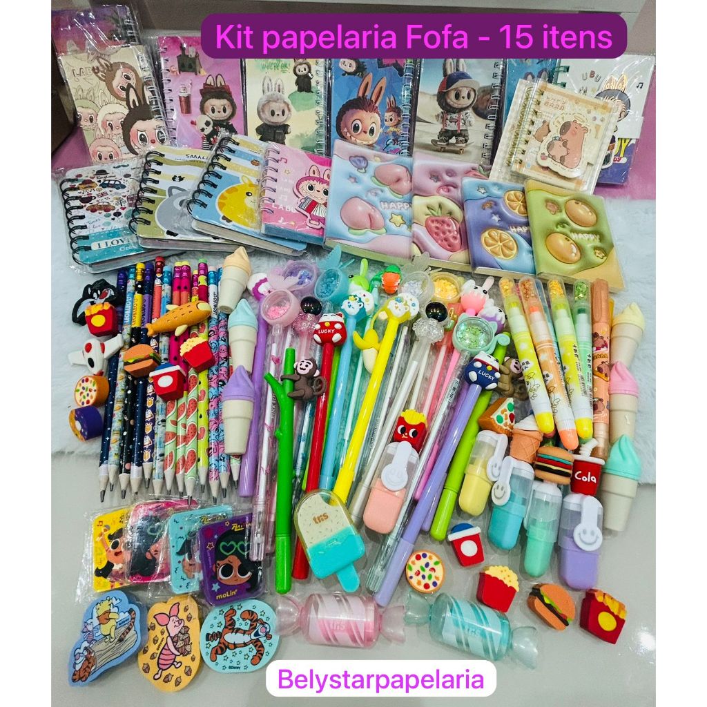 Kit Papelaria Fofa Criativa com 15 itens kawaii / Material escolar / kit escolar / Presente Menina Mulher em Oferta na Shopee